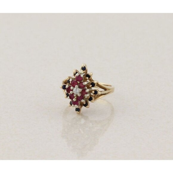 14k Yellow Gold Natural Diamond, Ruby, Blue Sapphire Ring Size 5 1/2 - Picture 5 of 8